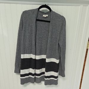 LOFT Gray and Black Cardigan Sweater with Modern Stripes